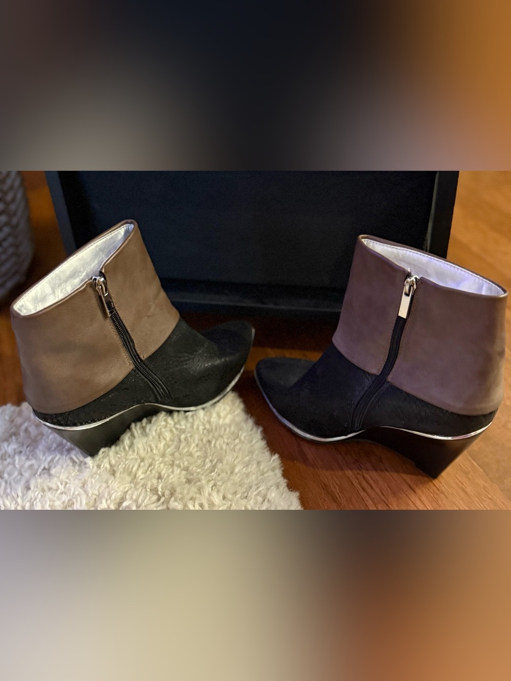mark. Two-Tone Wedge Ankle Booties in Black and Brown